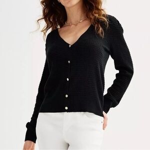 Draper James Womens XL Black Gold Button Up V Neck Cardigan Sweater